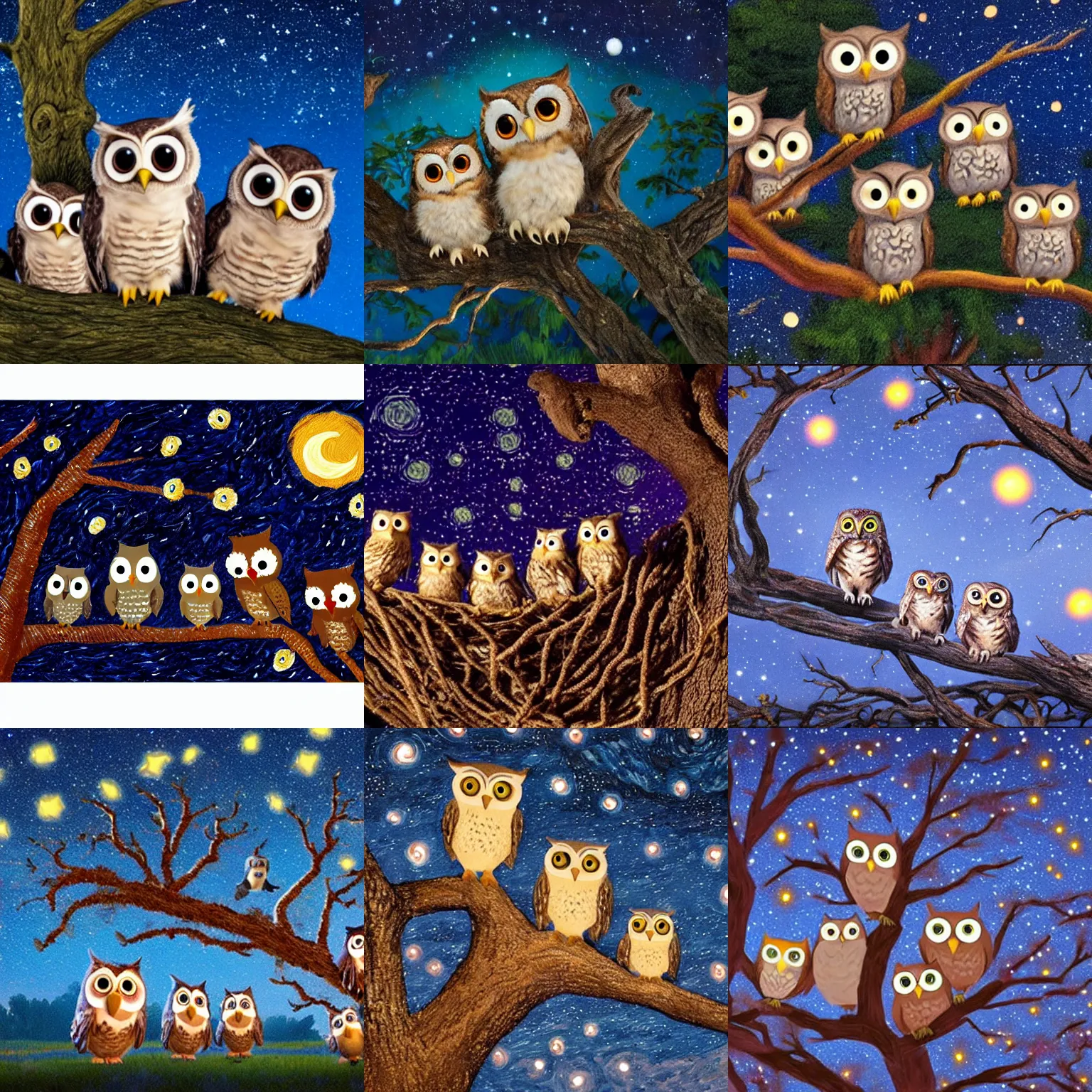 Prompt: a dozen baby owls in a tree during a starry night, pixar film production still