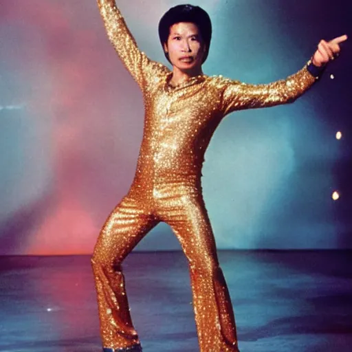 Image similar to A still of Ho Chin Minh wearing a disco suit in Saturday Night Fever