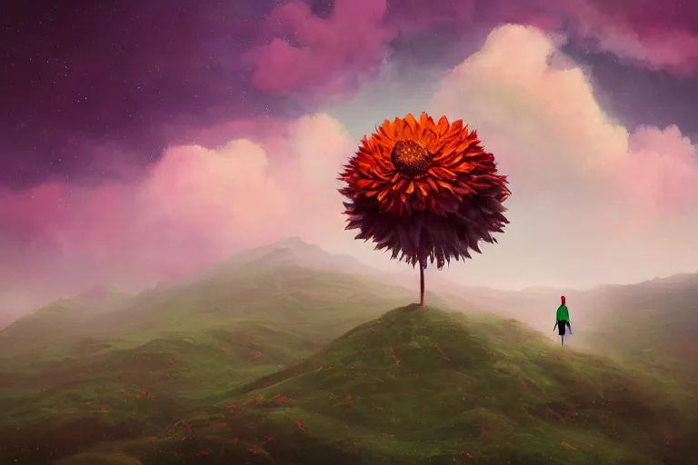 Image similar to giant dahlia flower as a head, girl walking on mountain, surreal photography, stars, dramatic light, impressionist painting, storm clouds, digital painting, artstation, simon stalenhag