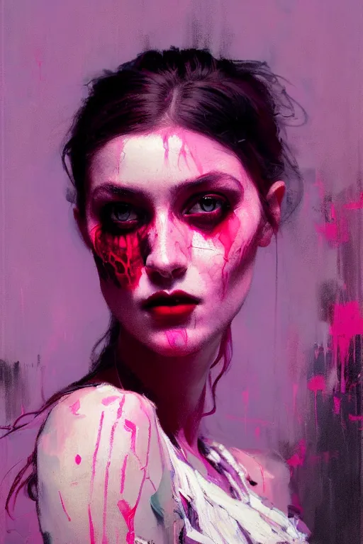 Prompt: portrait of a beautiful goth girl, shades of red and purple, beautiful face, rule of thirds, intricate outfit, spotlight, by greg rutkowski, by jeremy mann, by francoise nielly, by van gogh, digital painting