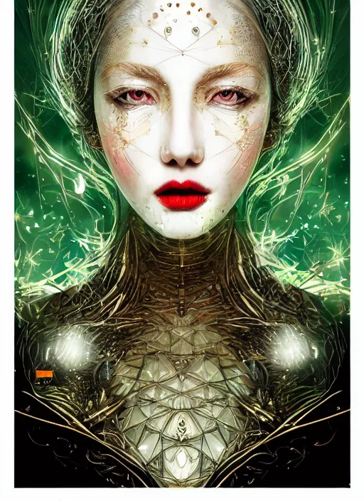 Image similar to glowing silver and golden elements, full close-up portrait, vector dark witch from unsplash, book cover, green forest, white moon, red lips, establishing shot, extremly high detail, photo-realistic, cinematic lighting, pen and ink, intricate line drawings, by Yoshitaka Amano, Ruan Jia, Kentaro Miura, Artgerm, post processed, concept art, artstation, matte painting, style by eddie mendoza, raphael lacoste, alex ross