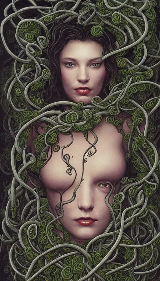 Image similar to very detailed portrait of a 2 0 years old girl surrounded by tentacles, the youg woman visage is blooming from fractal and vines, by gerald brom,