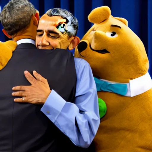 Prompt: president obama solemnly hugging a man dressed in a scooby doo costume