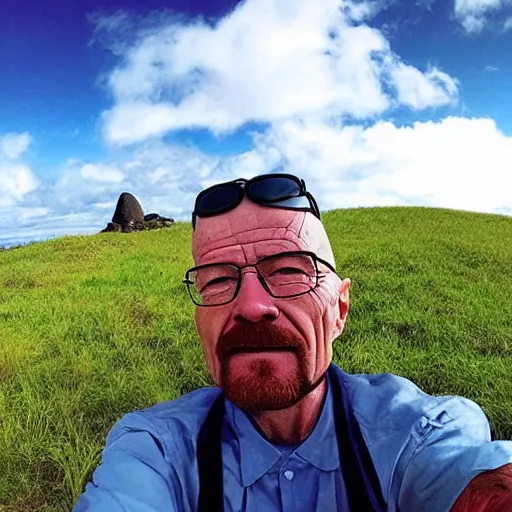 Prompt: walter white taking a selfie on rapa nui