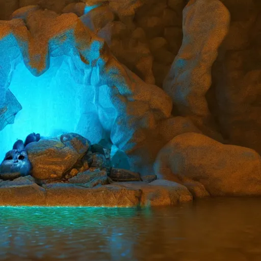 Image similar to a friendly blue furry monster in a cave meditating. glowing crystals. concept art. wet. reflections. waterfall. pond. dark background. semi-realistic. cgi render