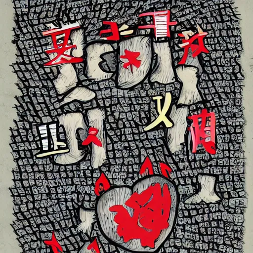 Image similar to chinese prison, heart kidney and lungs, in the style of daniel johnston and outsider art, 4k, overlaid with chinese text