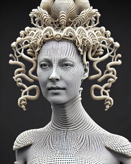 Prompt: bw 3 d render of a beautiful female queen - cyborg - vegetal, intricate fractal ornament in the bust with a very long neck, elegant, highly detailed intricate rococo ornament in her blond long hair, realistic, refined, highly detailed, cinematic outdoor lighting, by flora borsi in the style of dora maar, volumetric lighting, hyper realistic photography