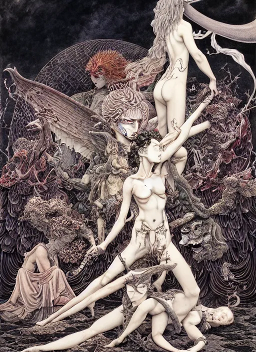 Image similar to battle between good and evil , battle between angels and demons, by and Austin Osman Spare and Takato Yamamoto and Vania Zouravliov and Yoshitaka Amano, high resolution, rendered in octane 3d, ultra detailed