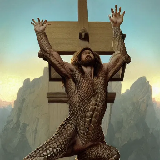 Image similar to fullbody!! jesus the lizard king on the cross, scaly cold blooded reptilian, claws, intricate, elegant, highly detailed, digital painting, artstation, concept art, smooth, sharp focus, illustration, art by artgerm and greg rutkowski and alphonse mucha