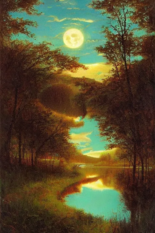 Image similar to fork lake, painted by darrell k. sweet and edd cartier, trending on artstation, moon light fish eye illustrator, bokeh, magic realism, dutch golden age, expressionism