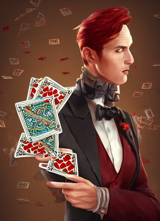 Image similar to a highly detailed illustration of stylish top hat wearing red haired attractive man, wearing suit vest, flashy leaning back holding playing cards pose, intricate, elegant, highly detailed, centered, digital painting, artstation, concept art, smooth, sharp focus, league of legends concept art, WLOP