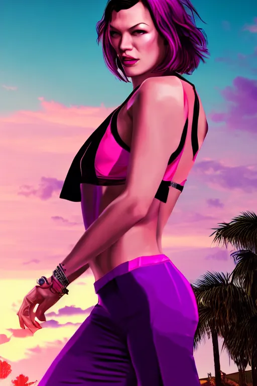 Image similar to a stunning GTA V loading screen Milla Jovovich with ombre purple pink hairstyle, hair blowing in the wind, hoop earrings, sunset mood, outrun, vaporware, retro, digital art, trending on artstation