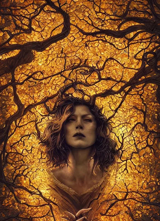 Image similar to golden leaves at frame border, creative!!! composition for a book cover!!!, absurdly beautiful, ultrafine hyperrealistic detailed old witch face by wlop and artgerm and greg rutkowski, intricate linework, sharp focus, smooth, octopath traveler, final fantasy, unreal engine, dramatic lighting, ethereal, 8 k