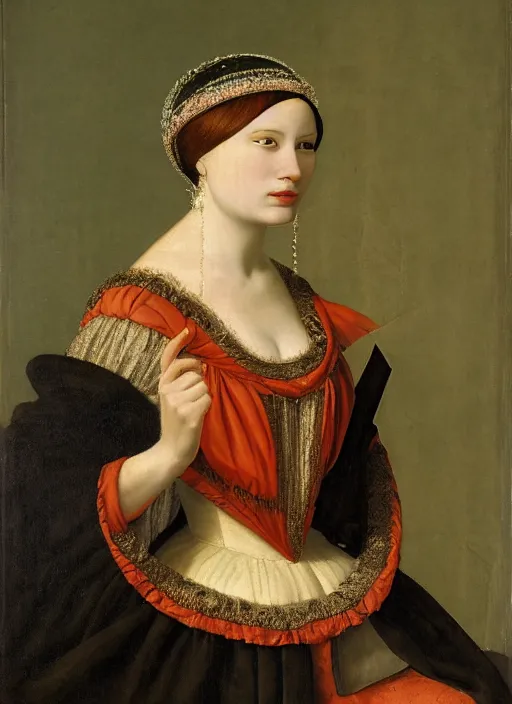 Image similar to portrait of young woman in renaissance dress and renaissance headdress, art by giovanni gastel