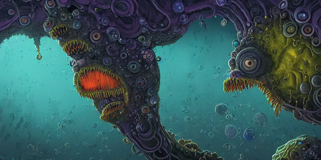 Prompt: of an intricate mariana trench with strange colorful funny marine creatures with huge eyes, long tongue, square teeth and funny face appearing from murky waters, in the style of charles vess, macro lens, shallow depth of field, highly detailed, digital painting, trending artstation, concept art, illustration, cinematic lighting, vibrant colors, photorealism, epic, octane render