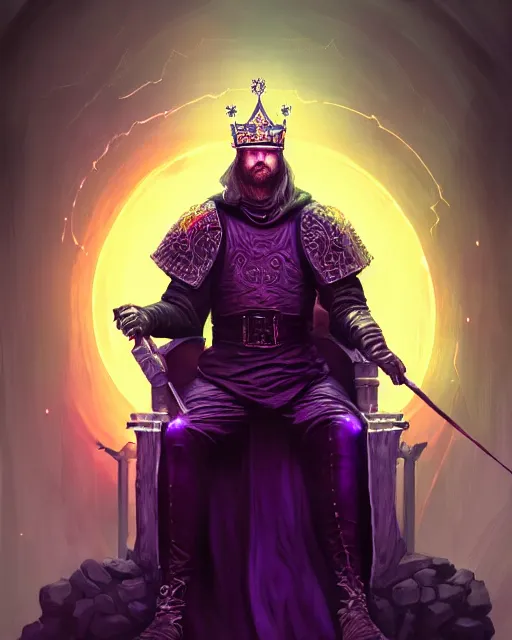 Image similar to a full length portrait of a medieval king on the cyberpunk throne, glowing eyes, dark purple color scheme, grim - lighting, high - contrast, intricate, elegant, highly detailed, digital painting, artstation, concept art, smooth, sharp focus, illustration