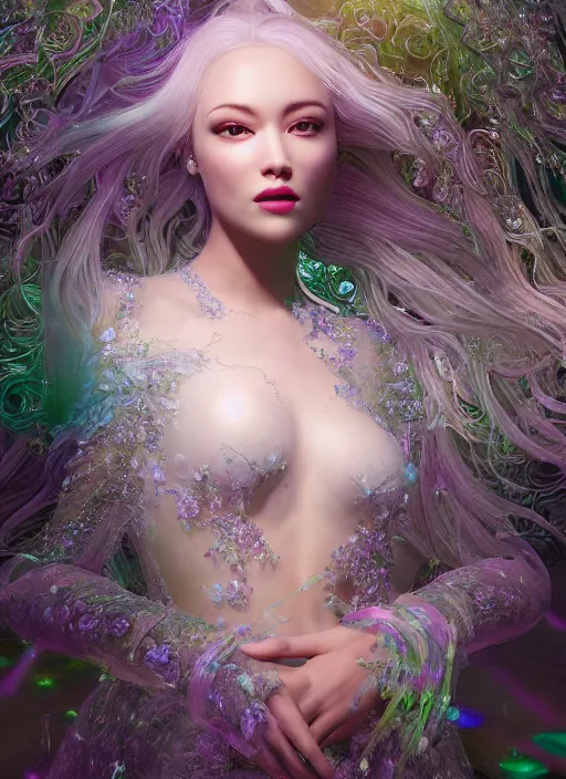 Image similar to beauteous sumptuous elegant woman in paradise garden, white pearlescent iridescent skin, with incredible iridescent pearlescent voluminous neon hair, crystalline masterpiece incrustations, hyperdetailed face, elegant pose, movie still, intricate, octane render, cinematic forest lighting, unreal engine, crepuscular rays, god rays