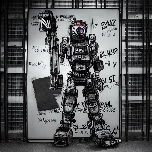 Prompt: chappie, back and white, zef design graffiti in the background, dark lighting, digital art