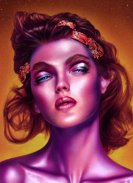 Prompt: gorgeous android woman facial portrait, eighties look, head band, retro, beautiful lights, vintage look, depth of field, hyper realistic, illustration, airbrush, 8 k, intricate, duo tone, art by david la chapelle and philip castle, artgerm