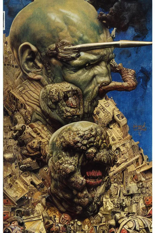 Image similar to upper body and head portrait of hulking mutant armoured warrior overlord by lawrence alma tadema and zdzislaw beksinski and norman rockwell and jack kirby and tom lovell and greg staples