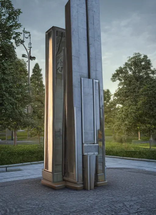 Prompt: highly detailed realistic architecture 3 d render of a mirrored stele monument in frank lloyd wright style standing on a side of a highway, archdaily, made in unreal engine 4 octane render