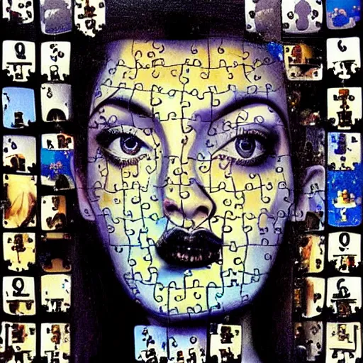 Image similar to A surreal painting of puzzle of a portrait of a beautiful woman with scattered puzzle pieces by Salvador Dali, dark vibes, high contrast