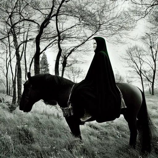 Prompt: Medieval princess in vintage cloak cape riding a black wild horse in distance. Background green trees spruce forest, spring winter nature melted snow , Kodak TRI-X 400, melancholic