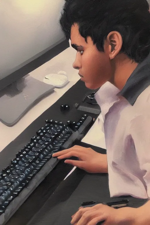 Image similar to painting of a young mexican man with short curly hair sitting at his work desk with an incredibly fancy mechanical keyboard, by artgerm and yoshitaka amano, trending on artstation