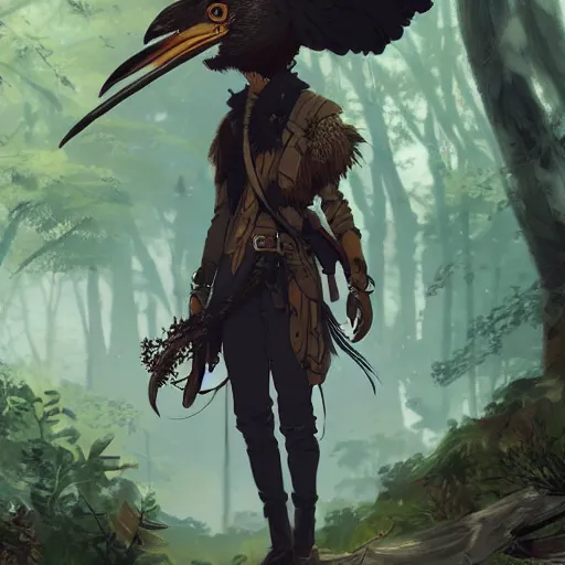 Image similar to concept art painting of a person with a head of a crow, with steampunk clothes, in the deep forest, realistic, detailed, cel shaded, in the style of makoto shinkai and greg rutkowski and james gurney