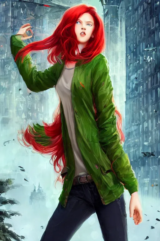 Prompt: beautiful cute red haired joyful and playful nineteen year old maiden standing up in casual green clothing, long hair, modern city, rpg character, sci - fi, fantasy, intricate, elegant, digital painting, artstation, concept art, smooth, 8 k frostbite 3 engine, ultra detailed, art by artgerm and greg rutkowski and magali villeneuve