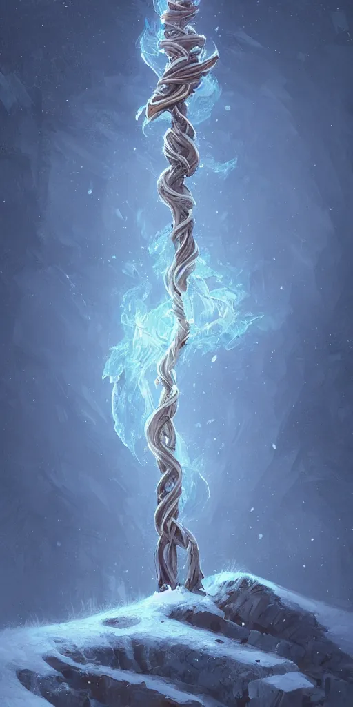 Image similar to a twisting and carved wooden staff mounted with a glowing crystal stuck in the ground halfway up a snowy mountain in the style of Sylvain Sarrailh, wispy magical smoke, beautiful digital art, cinematic composition, detailed, concept art, Matt painting, oil painting, high res