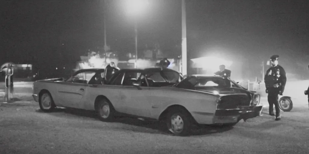 Prompt: film still of a car waiting in the night with two cops in it