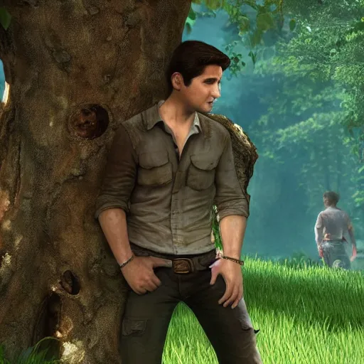 Image similar to young nathan drake finding a large tree, highly detailed