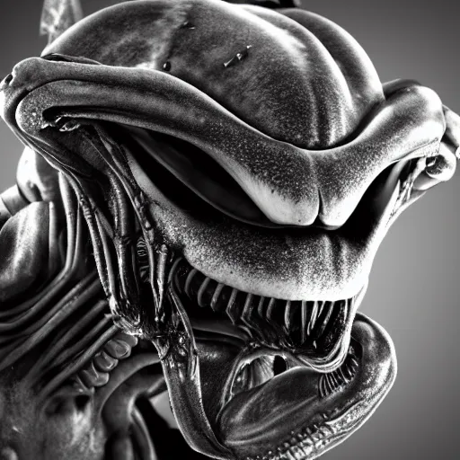 Image similar to xenomorph alien frog, frog head, alien by artist giger, bones background, intricate, concept art for movie, black and white colors, extreme detail, 4 k, detailed concept art, cgsociety, realistic lighting, sharp focus, backlit