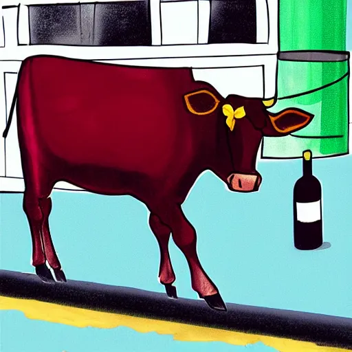 Prompt: a cow steals wine from a market stall. one of the bottles breaks spilling its contents on the street. a guard is going after the cow, digital art