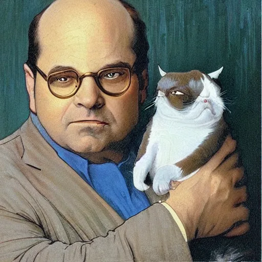 Image similar to “ portrait of george costanza from seinfeld holding grumpy cat, by alphonse mucha ”