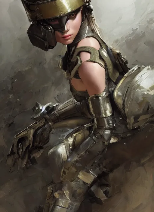 Image similar to a professional painting of a beautiful young female, clothed in stealth armor, military helmet, olive skin, long dark hair, beautiful bone structure, symmetrical facial features, intricate, elegant, digital painting, concept art, smooth, sharp focus, illustration, from Metal Gear, by Ruan Jia and Mandy Jurgens and Artgerm and William-Adolphe Bouguerea