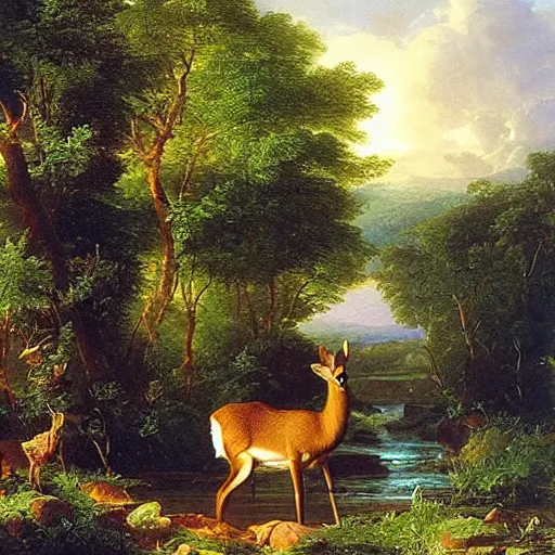 Image similar to a deer comes to drink from the stream. the deer is a metaphor for innocence. it is pure and untouched by the harshness of the world. it is gentle and fragile. an oil painting by thomas cole