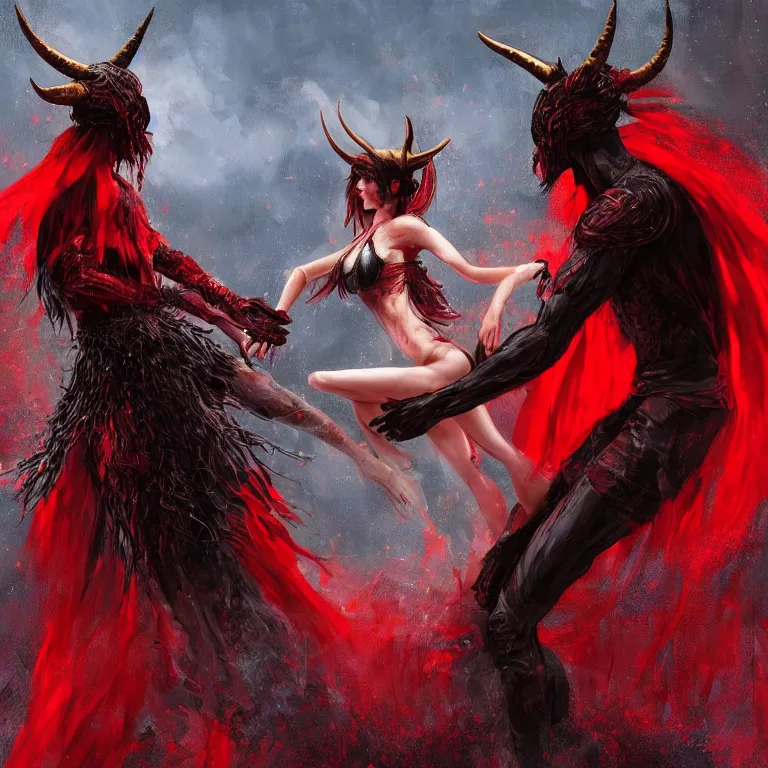 Prompt: beautiful painting of black man and a female devil in red dress with horns are dancing together, in style of Dark Souls 3 and Elden Ring, fantasy matte painting, golden ratio, trending on cgsociety, cinematic, trending on artstation, highly detailed, vibrant