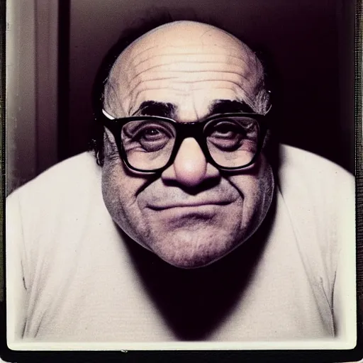 Image similar to A creepy polaroid photo of Danny Devito staring at you from the end of the hallway.