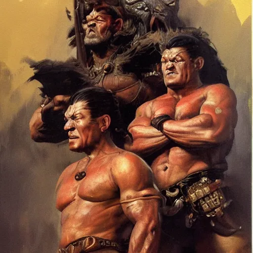 Image similar to ultra realistic portrait painting of the ubersreik five, art by frank frazetta, 4 k, ultra realistic, highly detailed, epic lighting