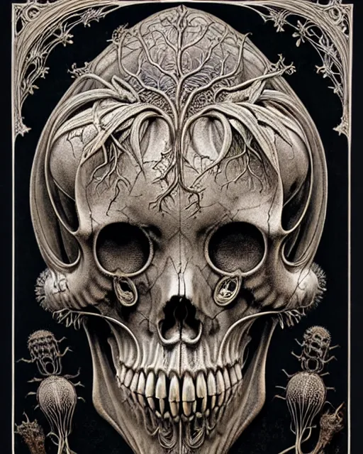 Image similar to art forms of nature by ernst haeckel, memento mori by arthur rackham, ornate antique porcelain beautiful skull mask, ultrasharp, photorealistic, hyperdetailed, octane render, polished, art nouveau, neo - gothic, gothic, intricate ornamental organic filigree, art nouveau botanicals, art forms of nature by ernst haeckel, horizontal symmetry, symbolist, visionary