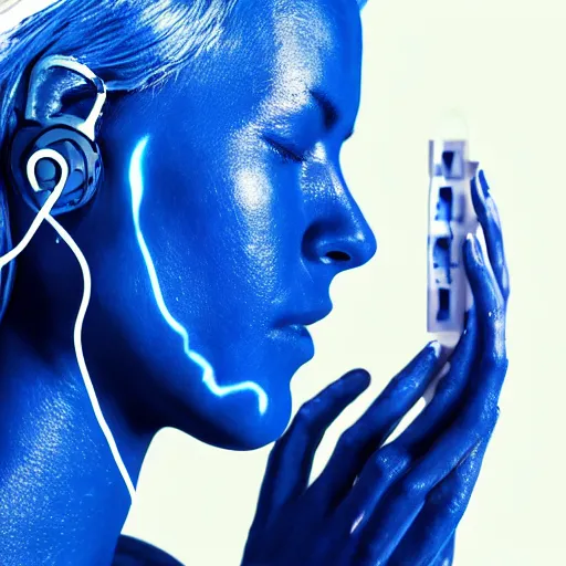 Image similar to dripping electrical blue paint across the shape of a female human listening to music, realistic , high detail, on a white background