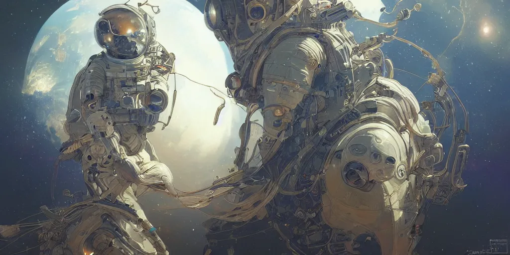 Image similar to digital artwork astronaut fantasy, intricate, elegant, highly detailed, digital painting, artstation, concept art, matte, sharp focus, illustration, art by Artgerm and Greg Rutkowski and Alphonse Mucha