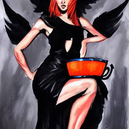 Prompt: painting in style of simon bisley, the super hot and sexy, black dress, orange halo, black wings, huge cup of coffee, dark angel of coffee