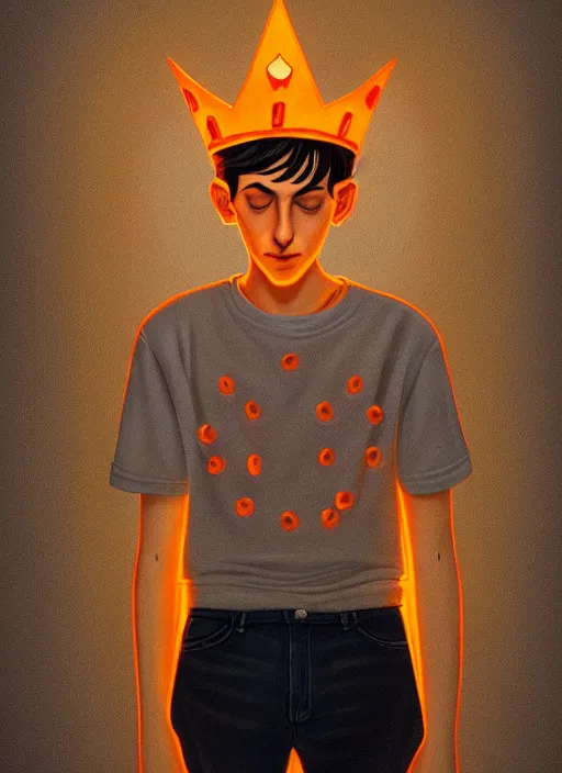 Image similar to portrait of teenage jughead jones wearing a light grey crown, symmetrical crown, hamburger background, eyes closed, crown, black hair, orange, intricate, elegant, glowing lights, warm lighting, highly detailed, digital painting, artstation, concept art, smooth, sharp focus, illustration, art by wlop, mars ravelo and greg rutkowski