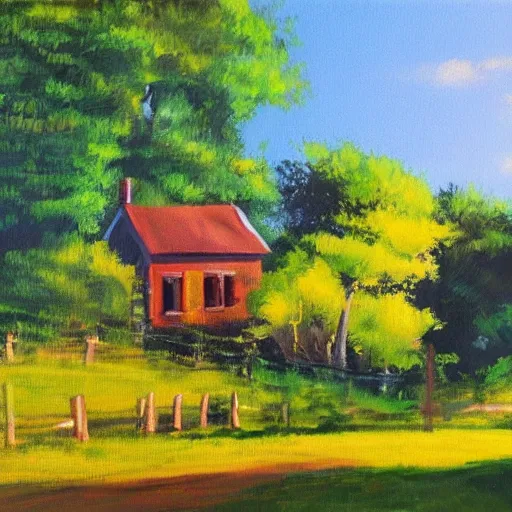 Image similar to house in the countryside on a sunny day, forest, peaceful, brush strokes, oil painting