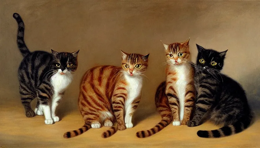 Prompt: highly detailed painting of cats with really really tall legs by william turner, thick brush strokes and visible paint layers, 4 k resolution
