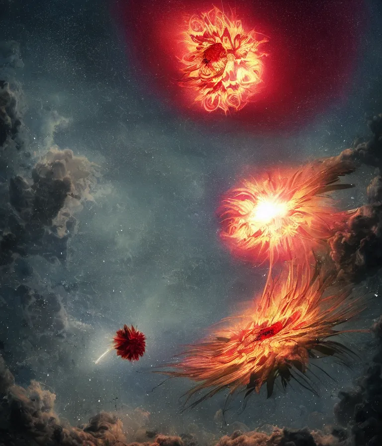 Prompt: impressive ominous cinematic fine photo of a spiraling exploding sun launching flowers across the starry night sky, strange bouquets, lighting impressive masterpiece hyper ultra detailed intricate sharp focus 8 k realistic illustration canon eos r 3 fujifilm x - t 3 0 sony alpha, artgerm colorful!!!, trending on artstation behance cgsociety, octane render nvidia raytracing demo