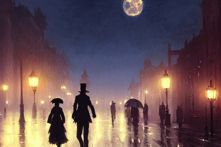 Prompt: a monster silhouette in the sky. a victorian city, scene in a rainy night. full moon, 1 8 9 0, key visual, conceptart, ambient lighting, highly detailed, digital painting, artstation, concept art, sharp focus, by makoto shinkai and akihiko yoshida and greg manchess